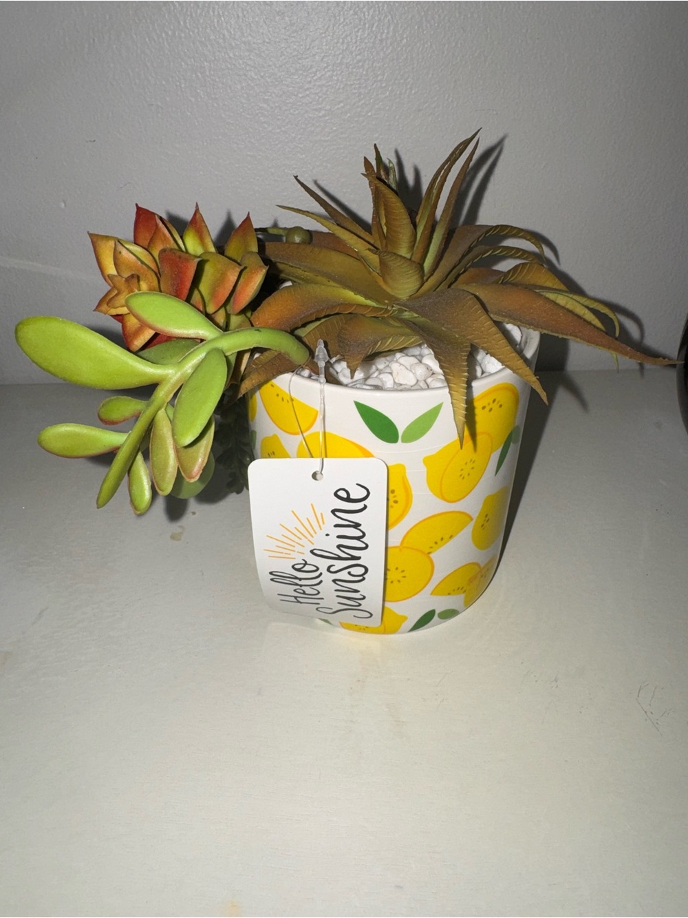 BNWT, faux succulent with lemon vase/holder